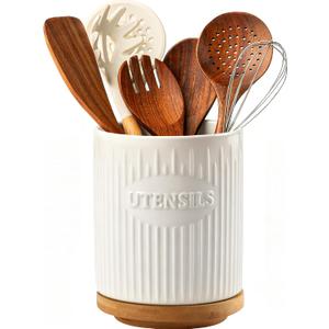 360 Rotating Utensil Holder, 7.6" Large Ceramic Kitchen Utensil Holder for Countertop with Rotatable Bamboo Base, Stable Cooking Utensil Crock, Farmhouse kitchen Decor, White