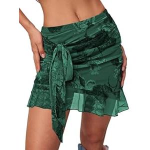 SEBOWEL Women Floral Mesh Mini Skirt Summer Ruffle Layered Sheer See Through Skirt Ruched Wrap Bodycon Sexy Short Skirts, Dark Green Flower, S