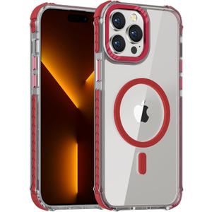 DEERLAMN Strong Magnetic Case for iPhone 13 Pro Max 6.7-Inch,[Compatible with Magsafe][Military Grade Drop Protection] Clear Slim Shockproof Protective Phone Cover-Transparent+Red
