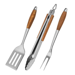 Heavy-duty rosewood barbecue grilling tool set. Extra-thick stainless steel multi-function spatula, fork, and tongs - Essential accessories