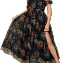 Women's Plus Size Formal Party Cocktail Dress, Wedding Guest Evening Gown with Slit - Off Shoulder Floral Tulle Maxi Dress (XL)