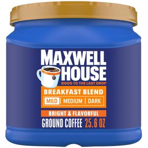 Maxwell House Breakfast Blend Mild Roast Ground Coffee, 25.6 oz Canister (EXP 05/28/27)