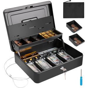 Large Cash Box with Security Cable & Coin Tray, Metal Money Box with Tray & Key Lock,Tiered Locking Cash Boxes,Portable Lock Safe Box, Adjustable Coin Box,Deluxe Metal Money Box,Black