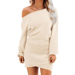 Wenrine Women's Off The Shoulder Sweater Dress 2025 Fall Winter Casual Long Sleeve Knit Slim Fit Pullover Mini Dresses (Beige, Small)