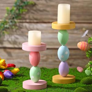 Hushee 2 Pcs Easter Candle Holder Easter Egg Candlestick Holder 9.5 Inch and 7.5 Inch Spring Home Decoration Candlesticks Decorations for Fireplace Party (Cute)