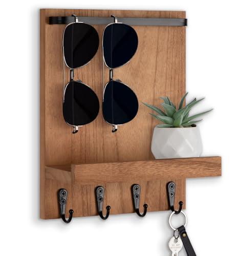 Lucundm Key Holder Wall Mount, Key Holder for Wall with 4 Hooks, Farmhouse Key Hanger Holds Dog Leash, Sunglasses – Decorative Mail Organizer Home Decor (Wood)