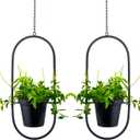 Metal Hanging Planters, Modern Plant Hanger with 5 inch Flower Pots,Set of 2 Black Oval Shape Plant Holders, Wall and Ceiling Planters for Indoor Plants, Home Dcor (OVAL-5 INCH POT)