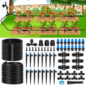 230FT New Quick-Connect Drip Irrigation System Kit, Automatic Garden Watering Misting System for Greenhouse, Yard, Lawn, Plant with 1/ 2 inch Hose 1/ 4 inch Distribution Tubing and Accessories
