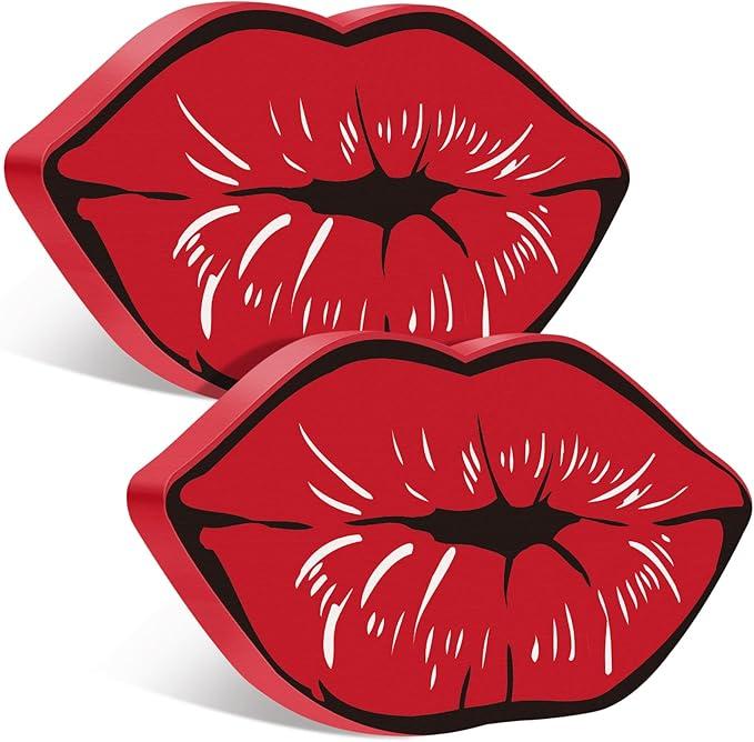 2 Pcs Valentines Day Lips Decor Kisses Sign Valentines Decor Indoor Galentines Day Decoration Wood Tiered Tray Decors for Wedding Anniversary Home Table Decoration, 6.3 x 3.5 x 0.47 Inch(Red)