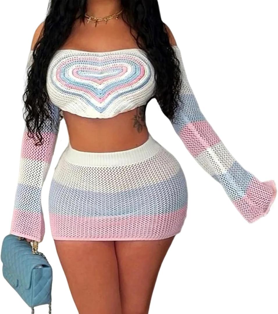 Womens Sexy 2 Piece Outfits Summer Off Shoulder Going Out Crop Tops Bodycon Mini Skirt Sets Crochet Vacation Sets (Small, White)