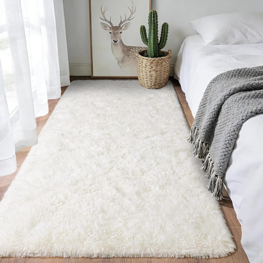 Soft Shag Runner Rug 2x6 for Bedroom, Fluffy Plush Throw Area Rug Non Slip for Bedside Dorm Hallways, Washable Long Runners for Couch Closet Nursery Living Room, Cream White