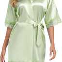 Women's Lace Trim Kimono Robe Bride Bridesmaids Wedding Shower Satin Short Robe Bridal Party Nightgown (Saage Green, S)