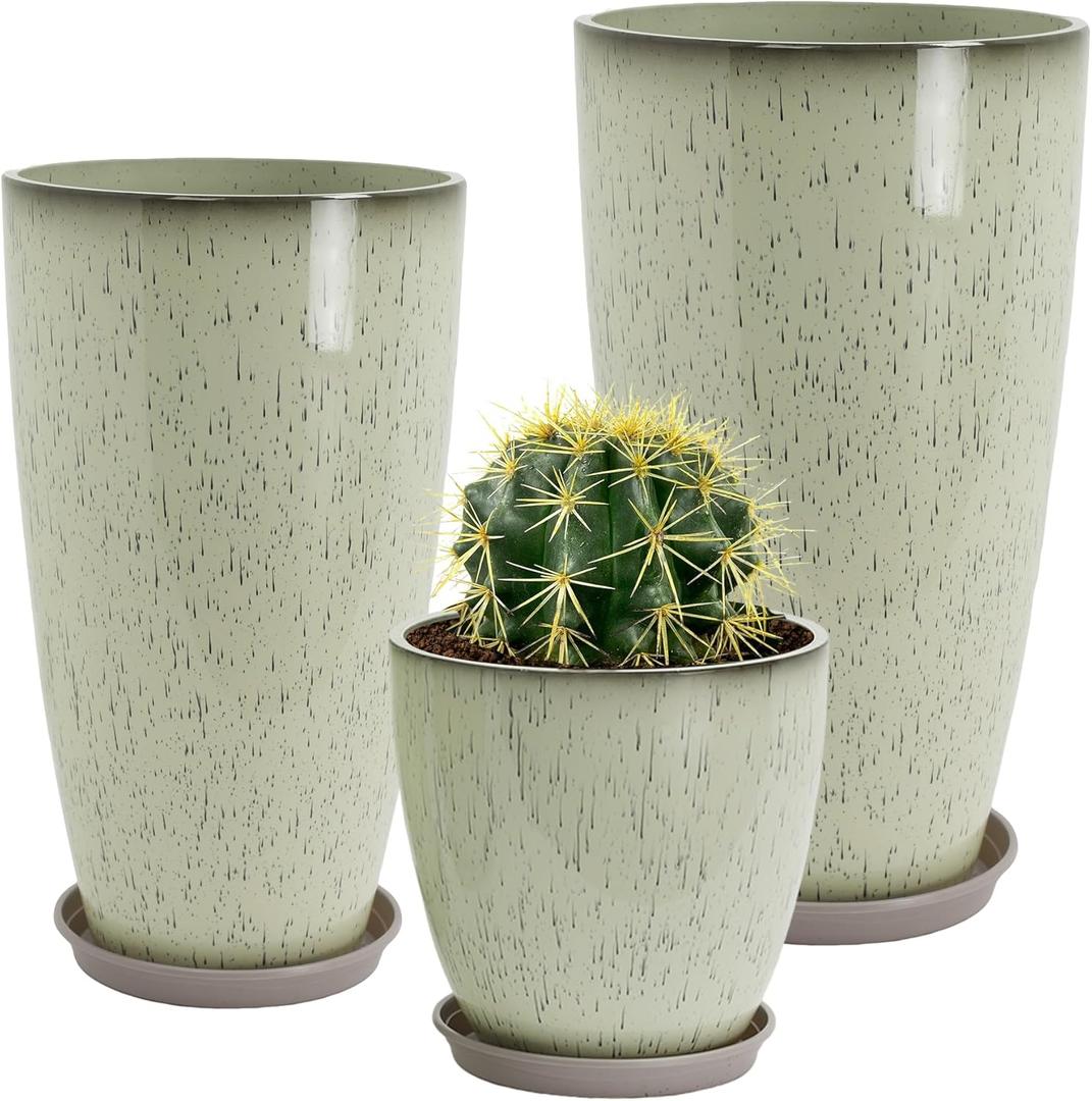 Neoaider 24/21/12 Inch Large Plastic Planter, Lightweight Ceramic-Look Tall Planters with Drain Hole & Saucers, Tall Plastic Planters for Porch, Garden, Patio, Balcony(Drip Glaze)