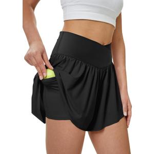 Women's Athletic Running Shorts with Pockets Crossover Butterfly Flowy Shorts Cute Summer Skorts (X-Large, Black)