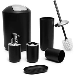 Moss & Stone 6-Piece Bathroom Accessories Set, Includes Soap Dispenser, Toothbrush Holder, Toothbrush Cup, Soap Dish, Complete Black Bathroom Decor Set