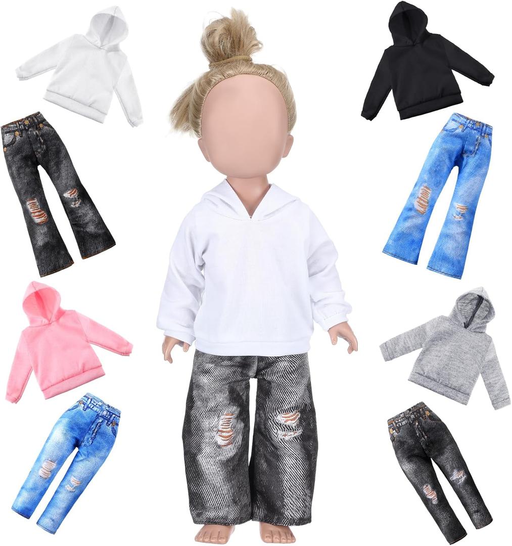 Bencailor 8 Pieces Winter 18 Inch Doll Clothes Dolly Girl Accessories Cotton Sweaters Denim Pant Regular Outfit Clothing for 18 Inch Doll(Black,White,Grey,Pink)