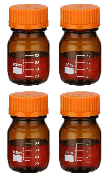 PATIKIL 4 Pack Reagent Media Storage Bottles, 100ml Borosilicate Glass Graduated Round Bottles with Orange GL32 Screw Cap for Lab Water Reagent Liquids, Amber
