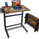 No Assembly Folding TV Tray Table C-Shaped Couch End Table with Cup Holder & Device Slots, Extra Wide Portable Laptop Desk for Eating, Working, Bed, Sofa, Rustic Wood