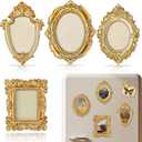 4 Pcs Small Magnetic Picture Frames for Refrigerator, Vintage Mini Gold Frames with Hooks and Rope for Hanging - A Baroque Victorian Decor Set with Small Angel - Elegant Miniature Art for Fridge, Gallery Wall, Shelf Display