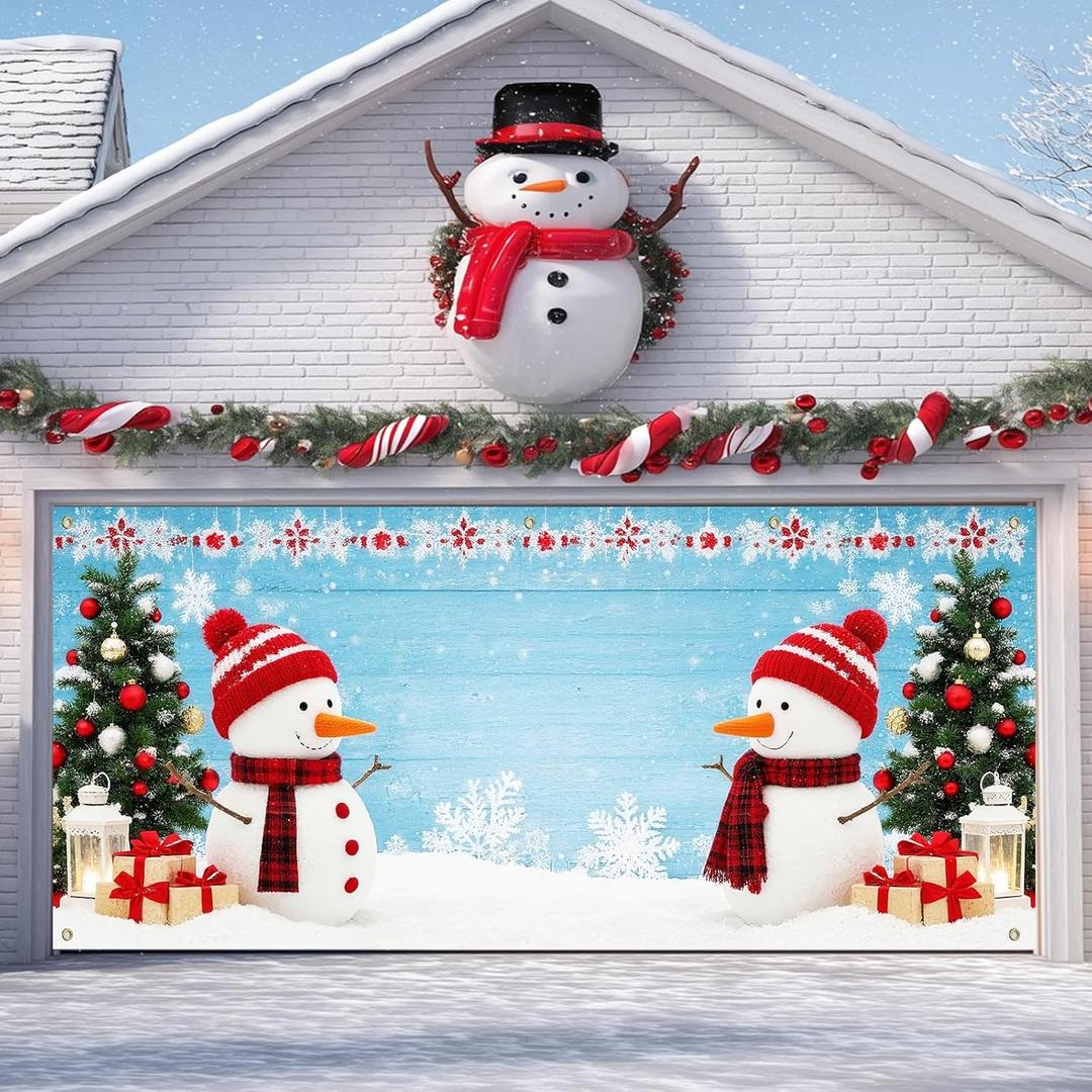 IVN Christmas Garage Door Banner 13x6 ft Winter Holiday Banner Garage Door Cover Two Snowmen Facing Each Other with Trees and Gifts Christmas Backdrop Decorations for Indoor Outdoor Xmas Party (Snowman Blue Background)