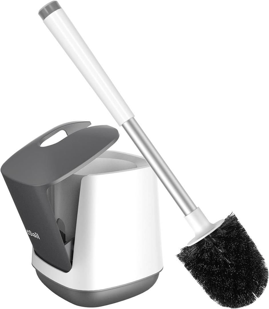 SetSail Toilet Brush and Holder, Self Closing Lid Toilet Bowl Brushes Holder and Extra Long Handle Ventilated Toilet Brush Set for Bathroom Cleaning, Nylon Bristles, White & Grey (1 pack)