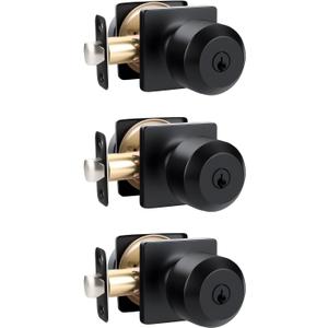 goldenwarm Matte Black Keyed Alike Exterior Door Knob, Front Door Knob with Lock and Key, Black Door Knobs Exterior 3 Pack