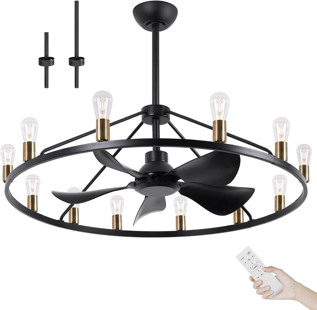 44" Large Ceiling Fans with Lights Wagon Wheel Chandelier Black, Farmhouse Fandelier Dining Room Light Fixture, 6 Speed, Timing, Adjustable Height for Dining Room Living Room