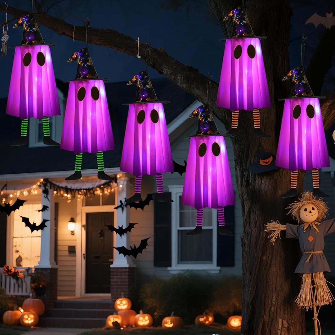 6P Lights Up Hanging Ghosts Halloween Decorations Outdoor(Purple & Orange), Timer, IP65 Waterproof, Battery Operated Halloween Lights with Witch Hats, Holiday Decorations for Patio Garden