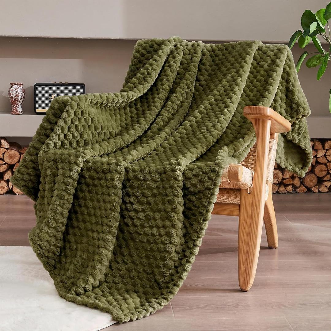 Olive Green Queen Size Blanket 90 x90 Inches, Soft Plush 330GSM Flannel Fleece Blanket, Cozy Lightweight Warm Decorative Blanket for Couch Sofa Bed, All Season Use