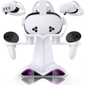 Charging Dock & Headset Stand for Meta Quest 3/3s/2, Fast Charging Station with 4 Controller Rechargeable Batteries, All-in-One Storage with 7 Lighting Modes for VR Headset Accessories & Controllers