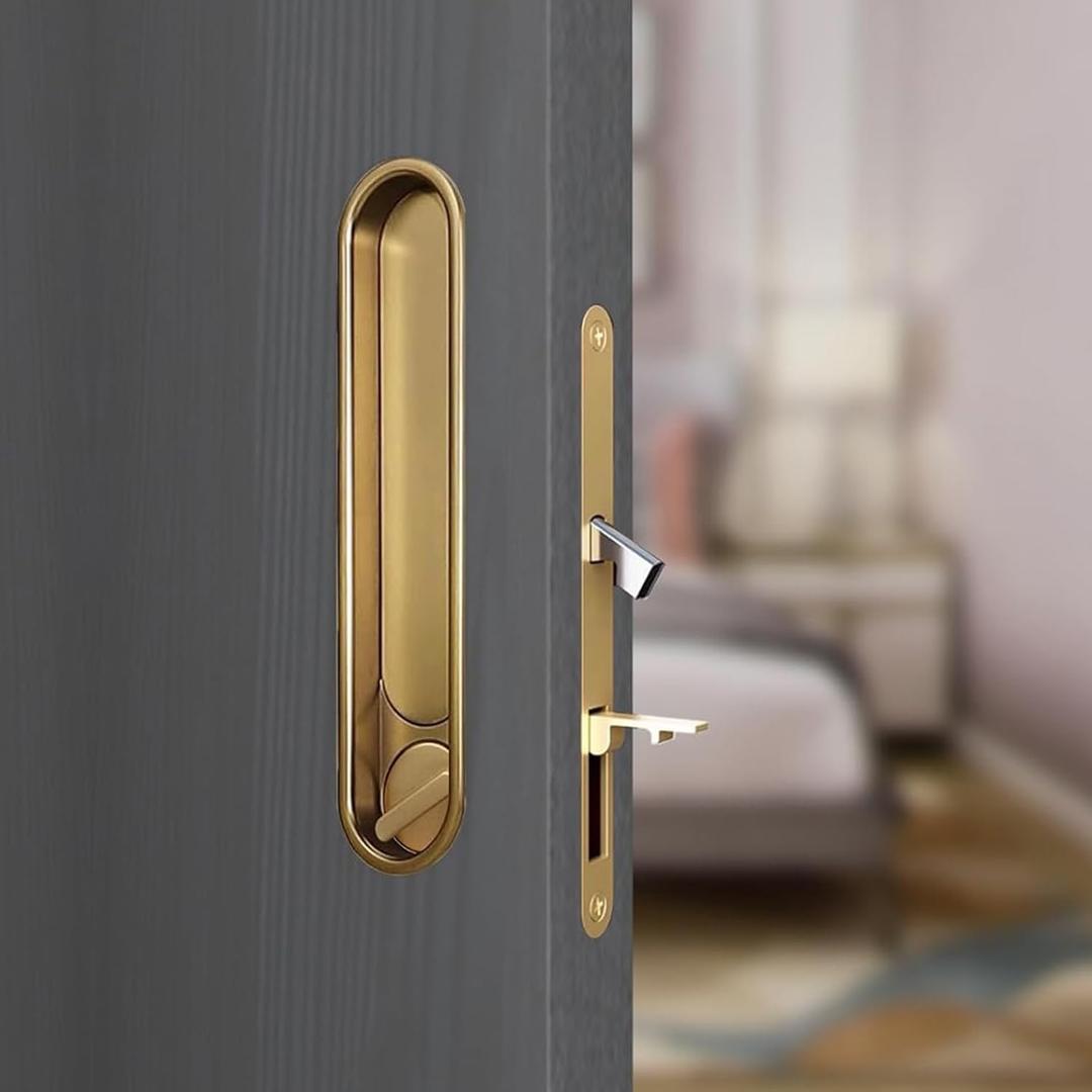 Privacy Pocket Door Lock Hardware,Recessed Sliding Door Handle with Lock,Hidden Door Lock with Door Edge Pull Fit for 1-9/16" to 1 3/4" The Thickness of Wooden Door (Gold)