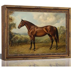 Gold Frame Vintage Horse Canvas Wall Art Rustic Farm Brown Horse Painting Picture Wall Decor Classic Antique Animals Poster Print Artwork for Bedroom Bathroom Office Home Decoration 12inx16in