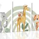 3Pcs Framed Safari Animals Canvas Wall Art elephant tiger giraffe Posters Prints Bohemian Rainbow elements Paintings Pictures wall decor for Nursery Baby Bedroom Decorations (12x16, color)