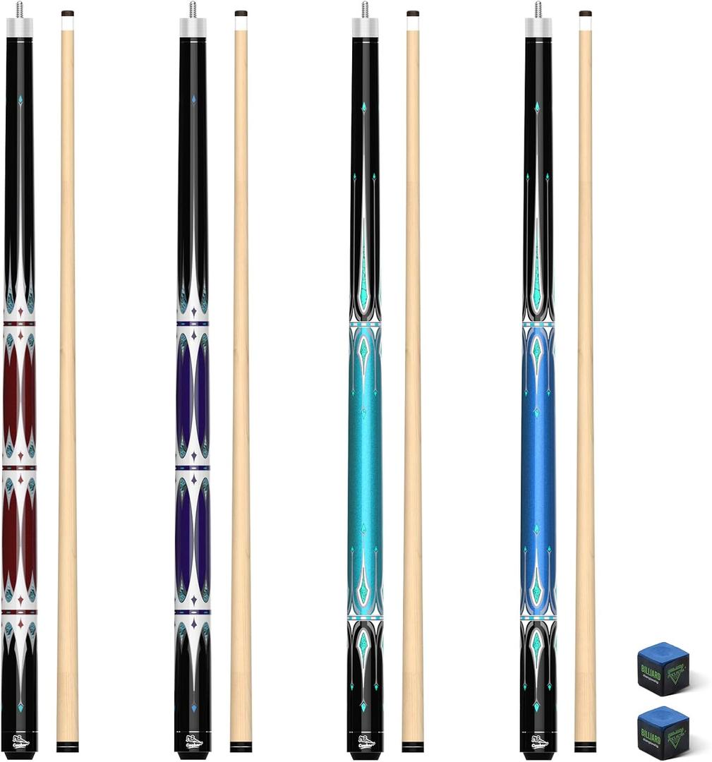Set of 4 58" 2-Piece Maple Pool Cues, 13mm Tip, Unwrapped Grip | Smooth handle for a clean, direct feel. 4 billiard sticks in mixed colors 18-21oz for home bar, commercial & family