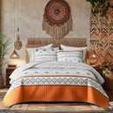 3 Pieces Orange Bohemian Style Quilt Sets Queen Size, Striped Boho Tribal Geometric Printed Bedspread with Shams Soft Lightweight for All Season (Queen/ Full, 88x88 inches)
