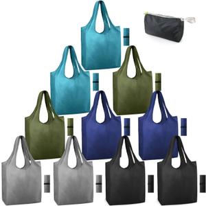 BeeGreen DIY Reusable Grocery Bags Bulk 9 Pack, Reusable Shopping Bags X-Large 50LBS, Machine Washable Kitchen Reusable Bags Heavy Duty, Foldable Tote Bags w Handles for Shopping (Army Green,grey,navy Blue, Black, Lake Blue)