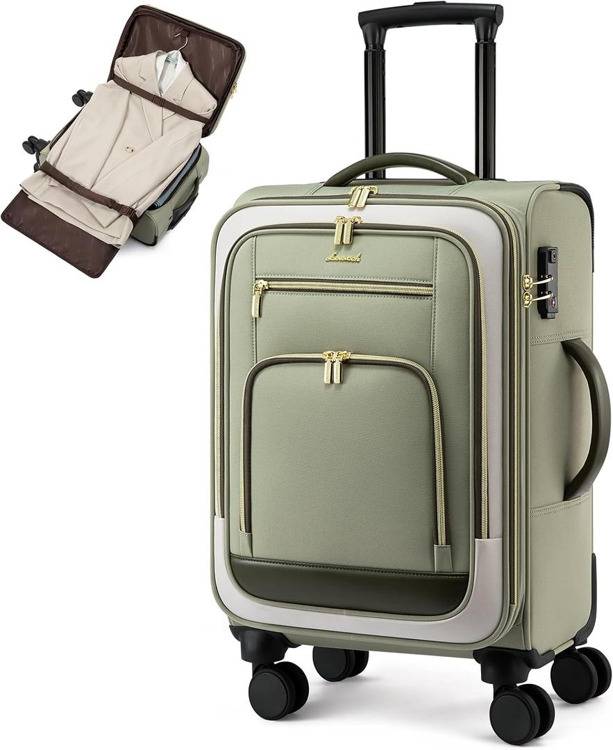 LOVEVOOK Carry on Luggage 22x14x9 Airline Approved with Garment Folder & Spinner Wheels, 22 Inch Large Rolling Carry-on Suitcase, Softside Lightweight Underseat Luggage for Women Travel Overnight, 49L (Green-beige)