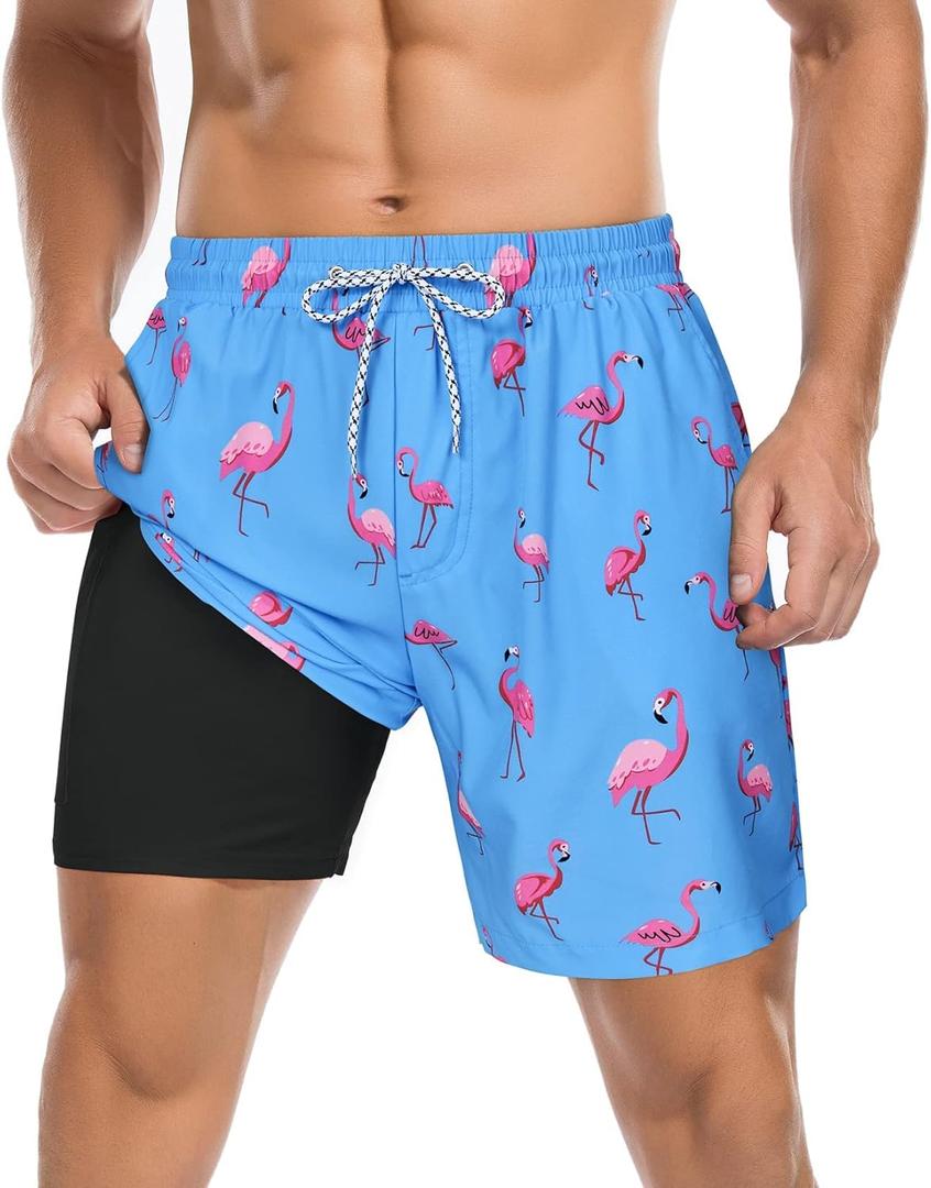 Century Star Mens Swim Trunks with Compression Liner Quick Dry Bathing Suits with Pockets Swim Shorts (3X-Large, 01 Sky Blue Flamingos)
