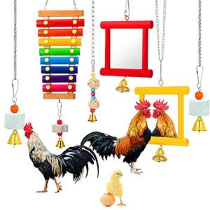 6 Pieces Chicken Mirror Chicken Toys for Coop with Bells, Hen Xylophone Toy with 8 Metal Keys, Parrot Grinding Stone, Sepak Takraw Toy, Dangling Bird Toy