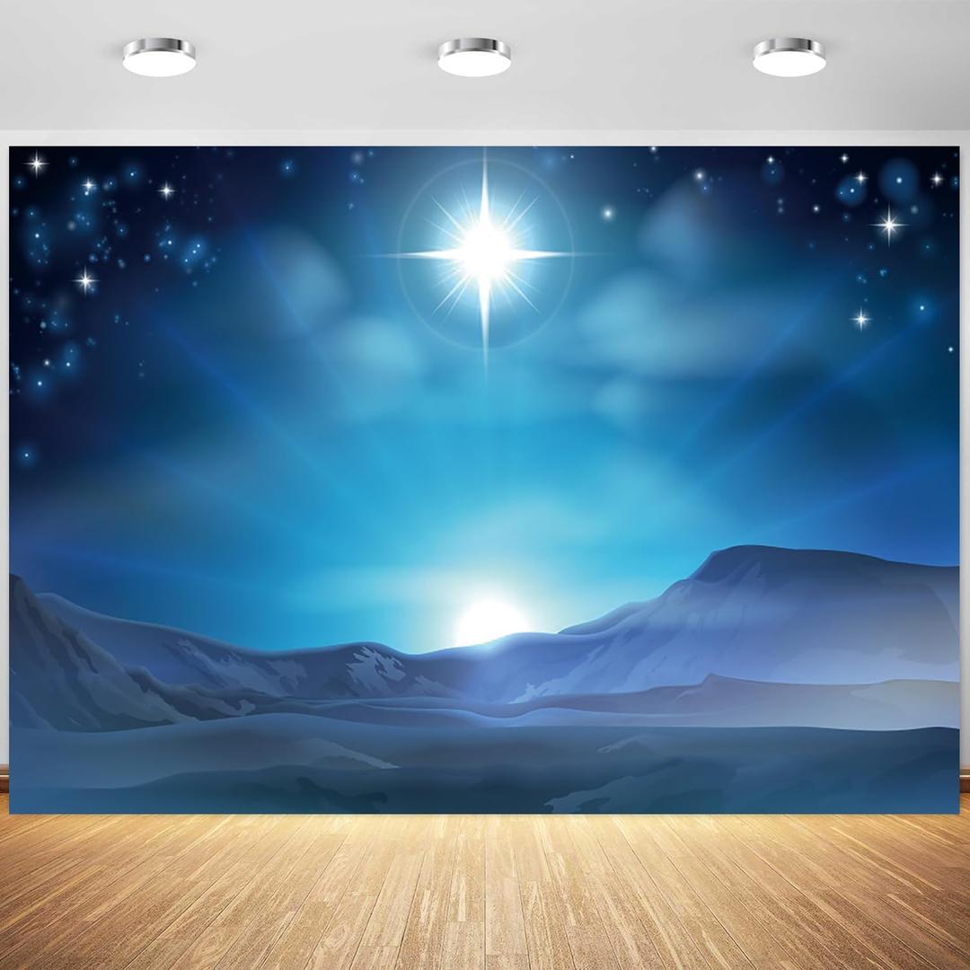 8x6ft Nativity Scene Backdrop Christmas Star Night Bethlehem Star Birth of Jesus Photography Background Christmas Nativity Decorations Religious Belief Bible Tale Photo Booth Props