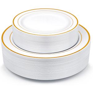 Gold Plastic Plates, MCIRCO 100 Pieces Disposable Party Plates for Weddings, Premium Gold Rim Plates, Include 50 10.25 Inch Dinner Plates and 50 7.5 Inch Dessert Appetizer Plates
