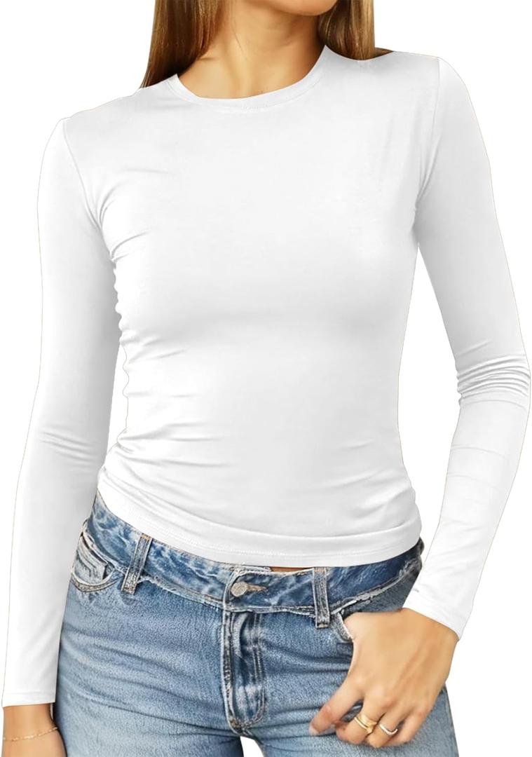 Abardsion Women's Long Sleeve Shirts Spring 2025 Casual Basic Going Out Crop Tops Slim Fit Tight Y2K Clothes(White, S)