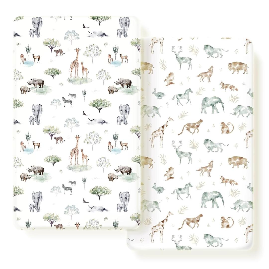 Stretch Ultra Soft Jersey Knit Fitted Crib Sheets Set 2 PackFit All Standard Crib Mattress Pads Safe and Snug, Crib Fitted Sheet for Baby, Stylish African Savannah Animals Pattern