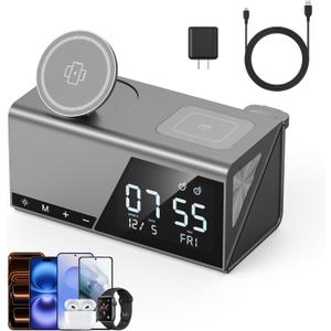 4URPC 6-in-1 Alarm Clock Wireless Charging Station for Apple Multiple Devices, Wireless Charging Dock for iPhone 17/16/15/14/13 Series, Apple Watch, AirPods,Night Light,Alarm Clock,Sleep Friendly