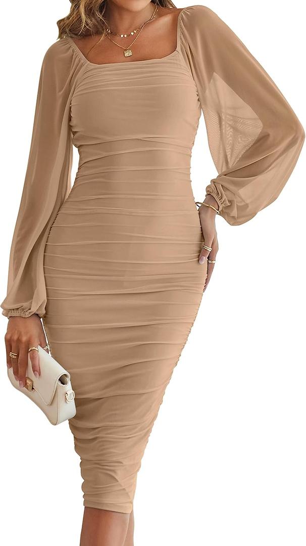 MEROKEETY Women's Long Puff Sleeve Ruched Bodycon Dress Square Neck Mesh Cocktail Party Midi Dresses (XX-Large, Apricot)