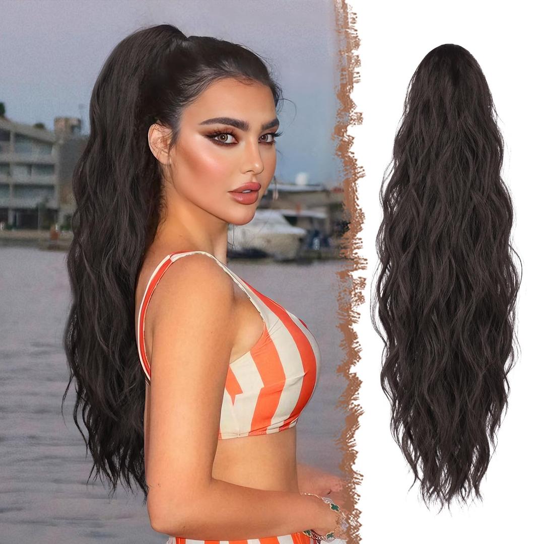 FESHFEN Ponytail Extensions, Long Claw Clip in Ponytail Hairpiece Synthetic Pony Tails Hair Piece Natural Wavy Hairpieces for Women, Black Brown 25 inch