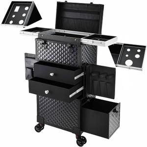 Joligrace Cosmetology Case on Wheels, Rolling Makeup Case for Hairstylists & Makeup Artists Lockable Professional Make up Case Salon Trolley Cart with Hairdryer Holder for Salon/Barber/Travel, Black