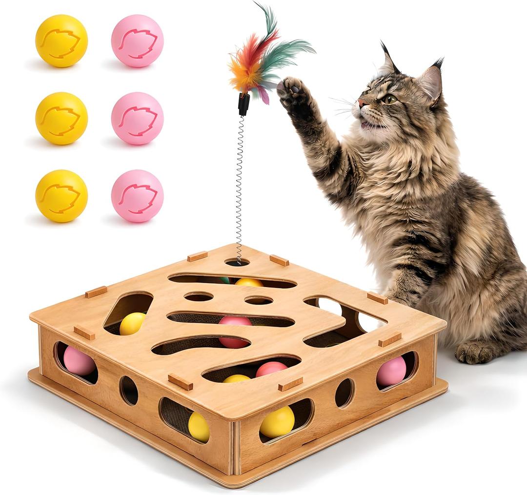 Interactive Cat Scratch Puzzle Enrichment Box with Nail File Pad, 6 Play Balls and Teaser Wand Toy, Easy Assembly Claw Care Solution That Helps Reduce Grooming Stress