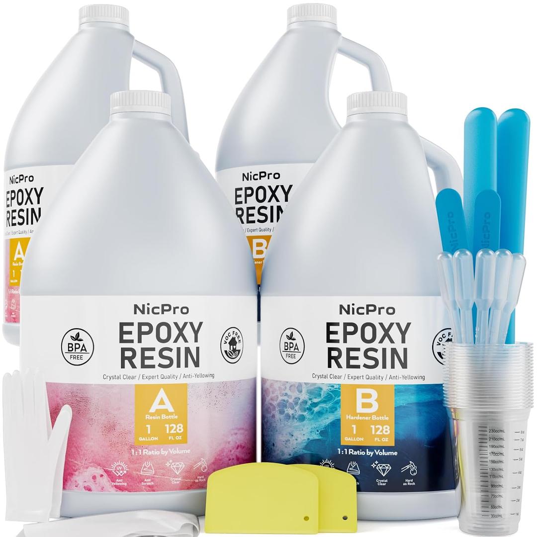 Nicpro 4 Gallon Crystal Clear Epoxy Resin Kit with Cups, Sticks, Gloves