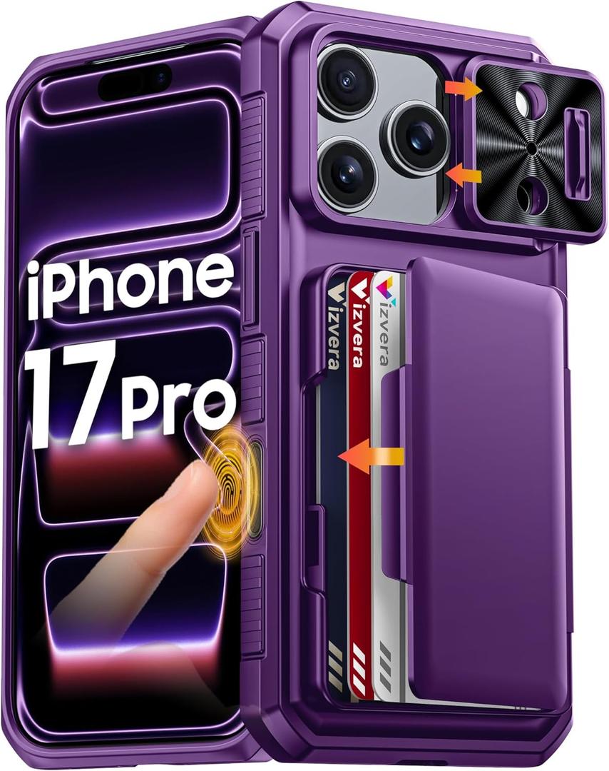 Vizvera for iPhone 17 Pro Case Wallet RFlD [Cards Holder][Camera Control][Camera Cover] Full Body Rugged Shockproof Silicone Protective Phone Case for iPhone 17 Pro 6.3'' 2025(Purple)